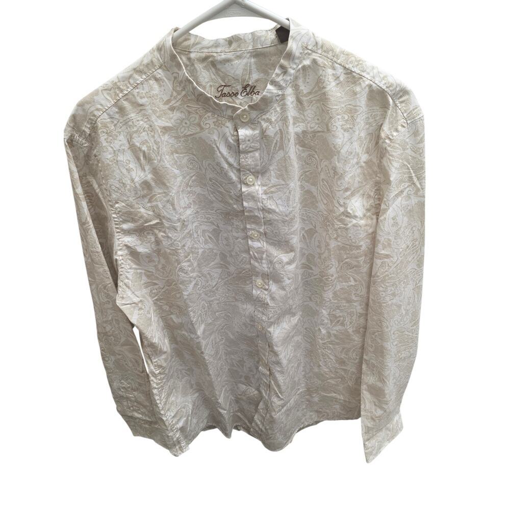 Tasso Elba Paisley Band Collar Shirt, Cream/Tan, Size L - NWOT